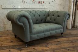 British Handmade 2 Seater Khaki Green Herringbone Wool Chesterfield Sofa - thumbnail 1