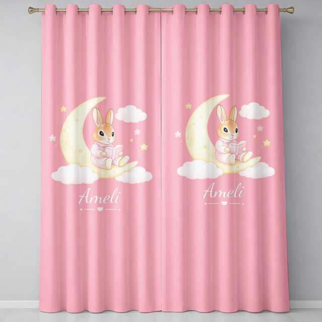 Personalised Pink Bunny Blackout Curtains Custom Name Colour Cute Cuddly Rabbit Teddy Bear Nursery Baby Shower Keepsake Bedroom Decor Gift - image 1