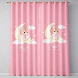 Personalised Pink Bunny Blackout Curtains Custom Name Colour Cute Cuddly Rabbit Teddy Bear Nursery Baby Shower Keepsake Bedroom Decor Gift