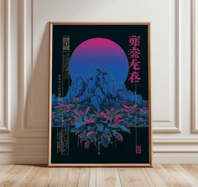 Japanese Cyberpunk Poster, Neon Botanical Wall Art Print, Blue & Pink Gradient Moon Design, Futuristic Nature Decor For Modern Homes - image 1