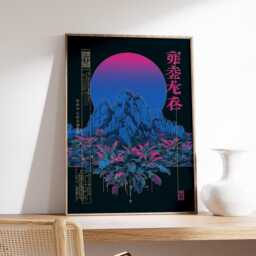 Japanese Cyberpunk Poster, Neon Botanical Wall Art Print, Blue & Pink Gradient Moon Design, Futuristic Nature Decor For Modern Homes - thumbnail 2