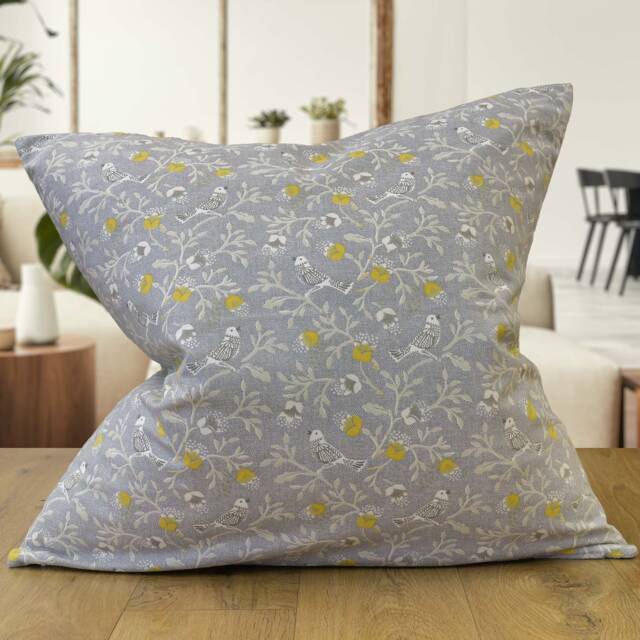 Dainty Songbird Extra-Large Cushion. Contemporary Vintage Style Design in Charcoal Grey & Ochre Gold Yellow. 23X23