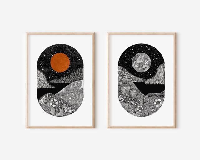 Sun & Moon Original Prints, Moon Wall Art, Nocturne Print, Landscape Artprint, Secret Garden Collection, Sun Set Of Two Prints - image 1
