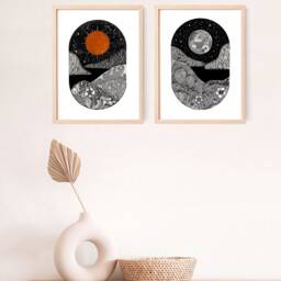 Sun & Moon Original Prints, Moon Wall Art, Nocturne Print, Landscape Artprint, Secret Garden Collection, Sun Set Of Two Prints - thumbnail 2