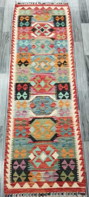 Multicolour Runner Rug, Handmade Artisan Afghan Turkish Scandinavian Navajo Bohemian Flatweave Wool Kilim Rug 202x66 cm - image 1