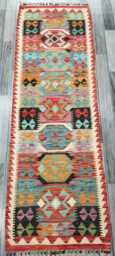 Multicolour Runner Rug, Handmade Artisan Afghan Turkish Scandinavian Navajo Bohemian Flatweave Wool Kilim Rug 202x66 cm - thumbnail 1