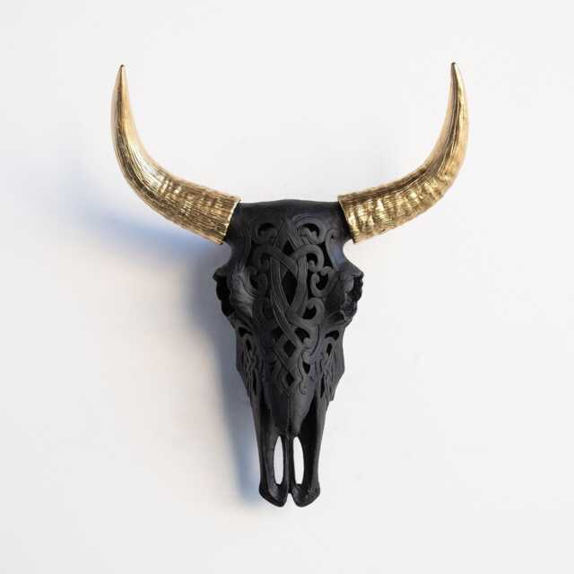 Faux Taxidermy Decorative Carved Bison Skull - Wall Decor Black & Gold Cbi1708 - image 1