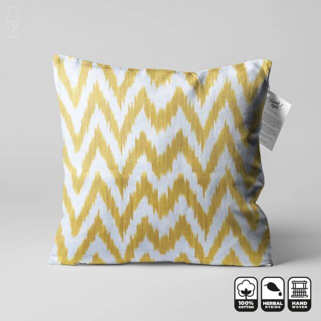 "Yellow Zig Zag Pattern Cotton Pillow Cover From Traditional Ikat Fabric - 20""x20" - image 1