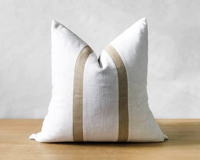 White & Beige Linen Pillow Cover - Minimalist Throw Striped Farmhouse Accent Coastal D??cor -- Inserts Available - image 1