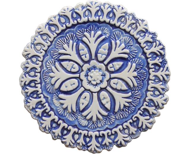 Suzani Wall Decor Made From Ceramic, Outdoor Art, Indoor Decor, Exterior Circle Ceramic Tile, Suzani#4 Cutout 26cm Blue&white - image 1