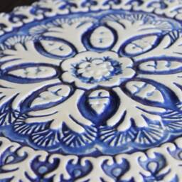 Suzani Wall Decor Made From Ceramic, Outdoor Art, Indoor Decor, Exterior Circle Ceramic Tile, Suzani#4 Cutout 26cm Blue&white - thumbnail 3
