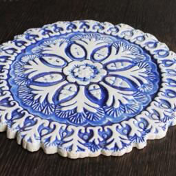 Suzani Wall Decor Made From Ceramic, Outdoor Art, Indoor Decor, Exterior Circle Ceramic Tile, Suzani#4 Cutout 26cm Blue&white - thumbnail 2