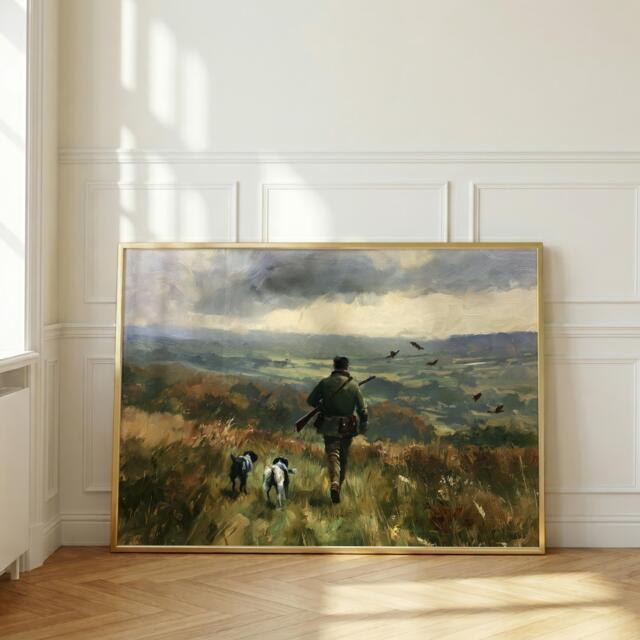 Pheasant Hunting Wall Art, Hunter With Dogs Oil Painting, Countryside Shooting Print, Gundog British Country Sports Decor - image 1