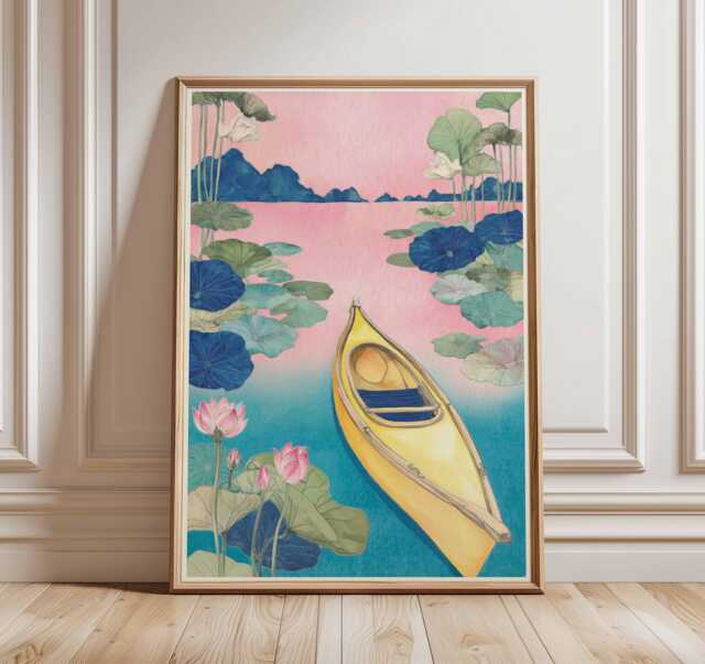 Kayak Lake Wall Art Print, Pink Sunset Water Lilies Landscape Poster, Adventure Nature Decor, Boho Coastal Art, Poster - image 1