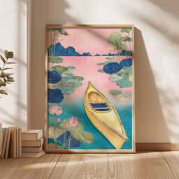 Kayak Lake Wall Art Print, Pink Sunset Water Lilies Landscape Poster, Adventure Nature Decor, Boho Coastal Art, Poster - thumbnail 3