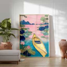 Kayak Lake Wall Art Print, Pink Sunset Water Lilies Landscape Poster, Adventure Nature Decor, Boho Coastal Art, Poster - thumbnail 2