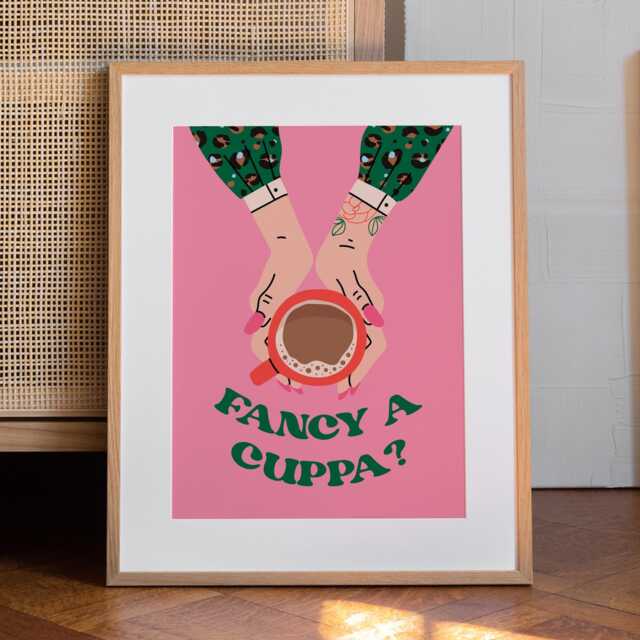 Fancy A Cuppa Print - Pink & Green Gallery Wall Art, Kitchen Print, Hallway, Coffee Tea, Woman, Retro, Colourful - image 1