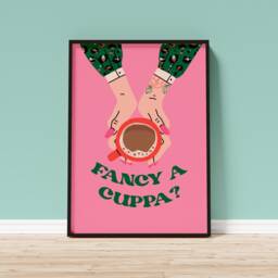 Fancy A Cuppa Print - Pink & Green Gallery Wall Art, Kitchen Print, Hallway, Coffee Tea, Woman, Retro, Colourful - thumbnail 2