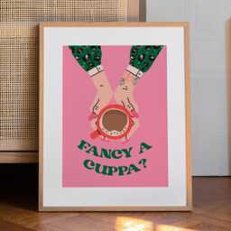 Fancy A Cuppa Print - Pink & Green Gallery Wall Art, Kitchen Print, Hallway, Coffee Tea, Woman, Retro, Colourful - thumbnail 1