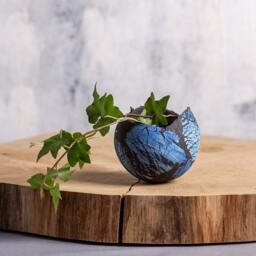 Small Blue & Black Ceramic Planter For Cacti - Mini Succulent Pot - thumbnail 1