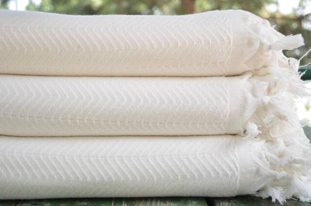 "White Blanket, Turkish Peshtemal, Bed Cover, Turkish Towel, Cotton Blanket, Throw, Cover, 82""x91" - image 1