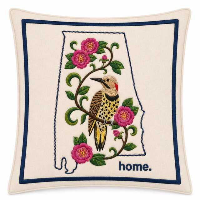 Alabama State Bird Embroidered Pillow With The Yellowhammer & Camellia Medley - Feather Insert - image 1