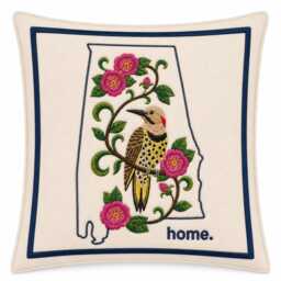 Alabama State Bird Embroidered Pillow With The Yellowhammer & Camellia Medley - Feather Insert - thumbnail 1