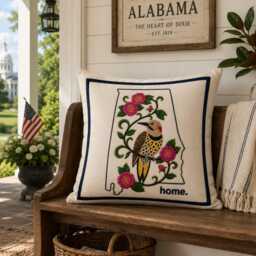 Alabama State Bird Embroidered Pillow With The Yellowhammer & Camellia Medley - Feather Insert - thumbnail 3