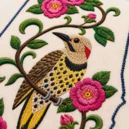 Alabama State Bird Embroidered Pillow With The Yellowhammer & Camellia Medley - Feather Insert - thumbnail 2