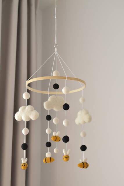 Baby Girl Mobile/ Mobile/ Bee Handmade Mobile/Baby Shower Gift/Crib Black Felt Ball Mobile - image 1