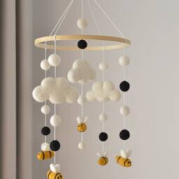 Baby Girl Mobile/ Mobile/ Bee Handmade Mobile/Baby Shower Gift/Crib Black Felt Ball Mobile - thumbnail 4