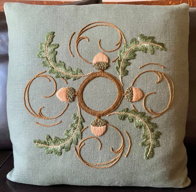 Acorn & Oak Pillow, Hand Embroidered, Craftsman Style, Mission - image 1
