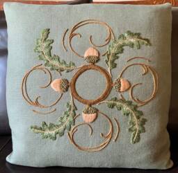 Acorn & Oak Pillow, Hand Embroidered, Craftsman Style, Mission