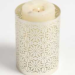 Large Honeycomb Net Cut Silver Metal Cylindrical Candle Holder - thumbnail 3