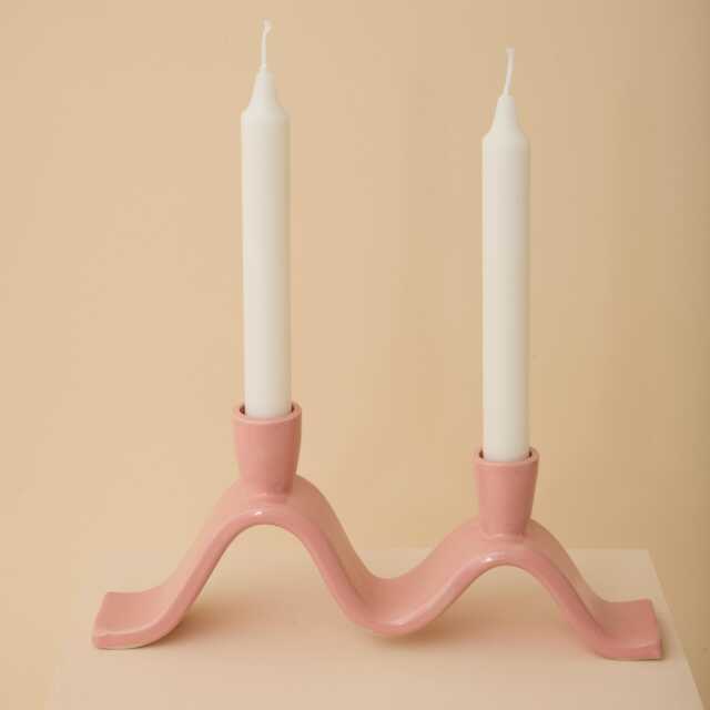 Pink, Wavy Ceramic Candelabra - Handmade Candle Holder For Two Dinner Candles - image 1