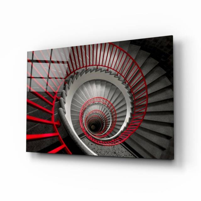 Modern Spiral Staircase Glass Wall Art - Bold Red Architecture Print On Tempered Panel - image 1