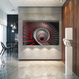 Modern Spiral Staircase Glass Wall Art - Bold Red Architecture Print On Tempered Panel - thumbnail 3
