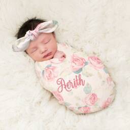 Personalized Baby Swaddle Blanket & Headband Set, Rose Floral Monogram - thumbnail 4