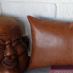 Cognac Faux Leather Lumbar Pillow Cover Modern Scandinavian Decor - thumbnail 4