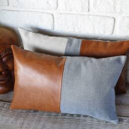 Cognac Faux Leather Lumbar Pillow Cover Modern Scandinavian Decor - thumbnail 2