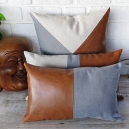 Cognac Faux Leather Lumbar Pillow Cover Modern Scandinavian Decor - thumbnail 3
