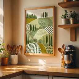 Tuscany Landscape Wall Art Print - Mediterranean Countryside Decor, Olive Green Farm Fields Poster, Rustic Nature Illustration, Unframed - thumbnail 1