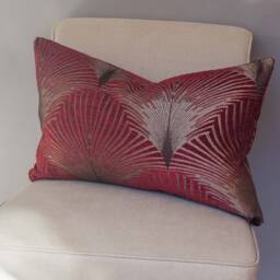 "Art Deco Xl Rectangular Cushion. Double Sided Luxury Velvet Chenille. Red & Gold. 23""X15" - thumbnail 1