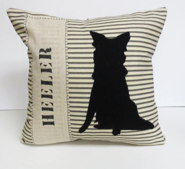 Heeler Silhouette Pillow Black Felt Applique, Striped Cotton Cushion - image 1