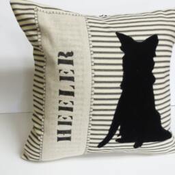 Heeler Silhouette Pillow Black Felt Applique, Striped Cotton Cushion - thumbnail 2
