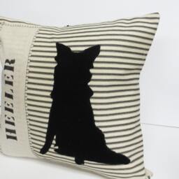 Heeler Silhouette Pillow Black Felt Applique, Striped Cotton Cushion - thumbnail 3