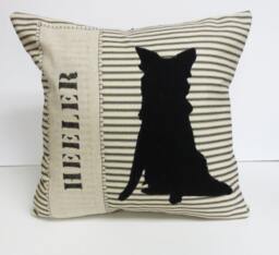 Heeler Silhouette Pillow Black Felt Applique, Striped Cotton Cushion - thumbnail 1