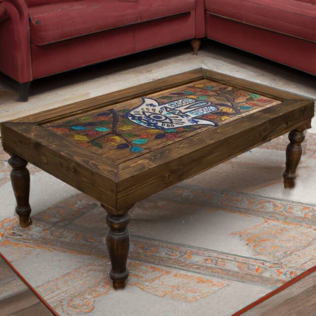 Hamsa Evil Eye Wood Coffee Table Boho Architectural Design - image 1