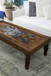 Hamsa Evil Eye Wood Coffee Table Boho Architectural Design - thumbnail 3