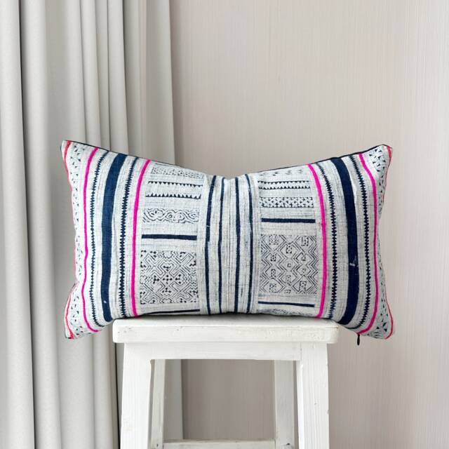"Vintage Hmong Pillow Cover Hand Block Print Hemp Cushion - 12"" X 20" - image 1